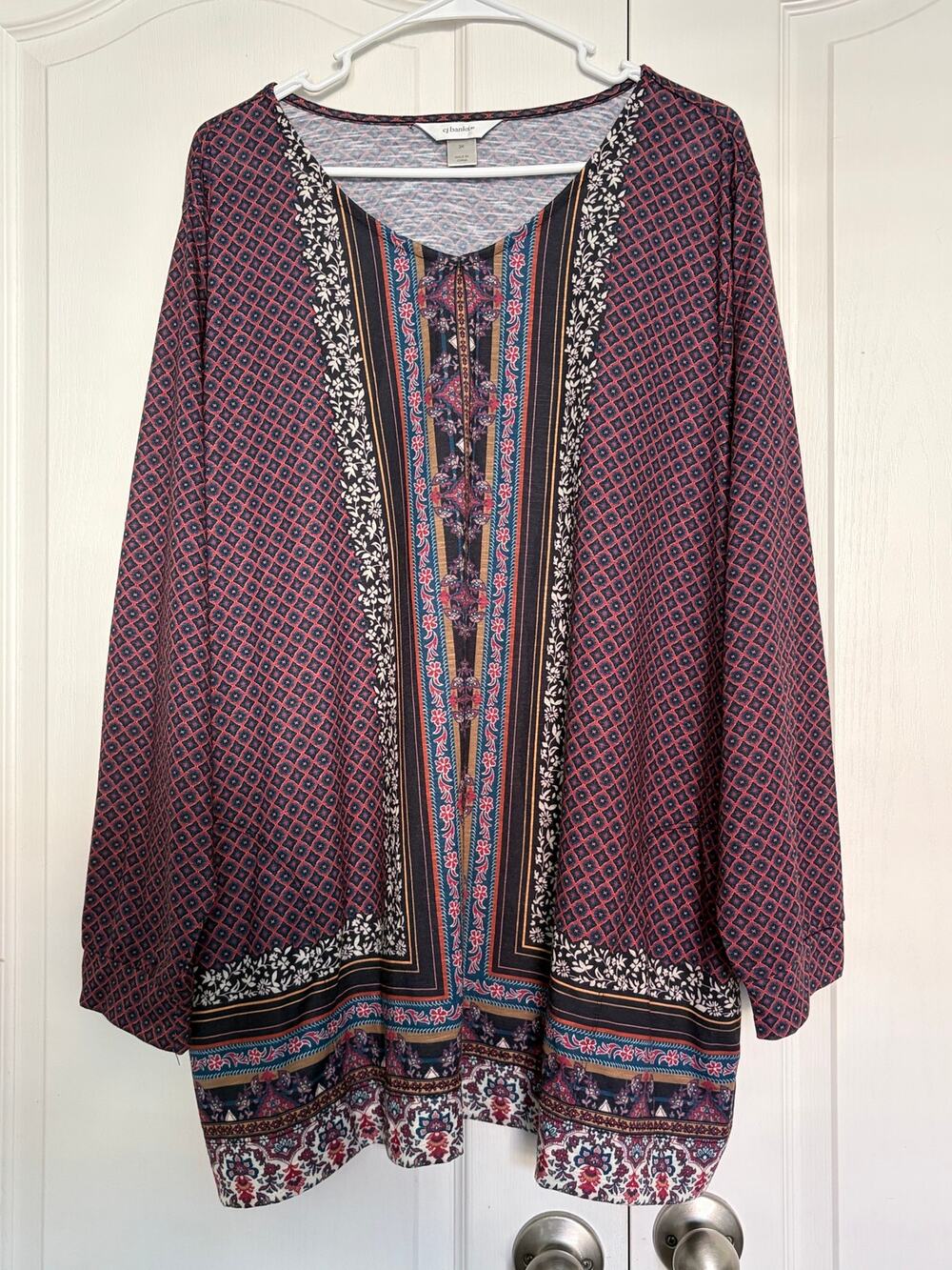CJ Banks V-Neck Tunic Border Print Jewel Tone Fabric Side Pockets SZ 3X